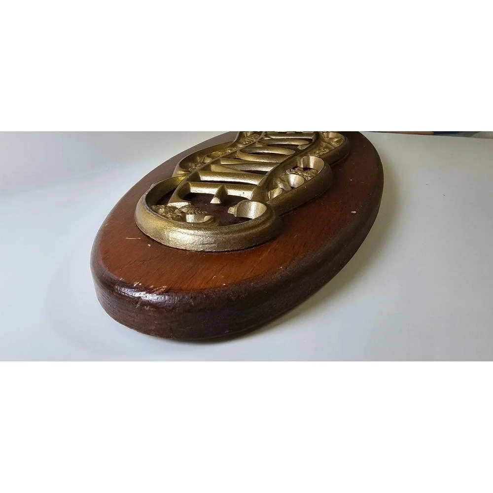Vintage Brass Welcome Sign on Oval Wood Plaque 7x17 MCM Cottagecore Wall Decor